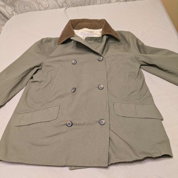 J. Crew Peacoat Light Canvas Womens S Double Brested Green w/ Brown Corduroy Top - Picture 1 of 13